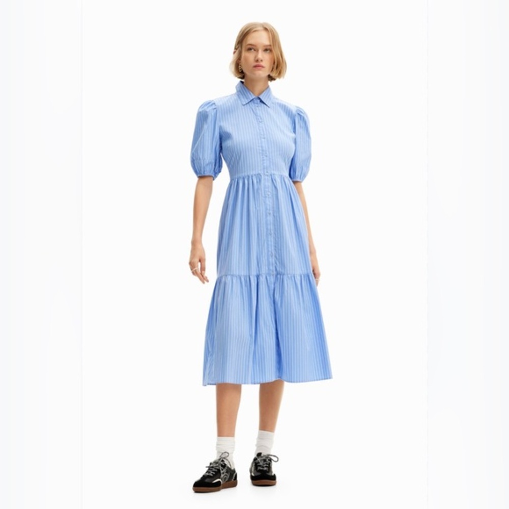 NWT Desigual puff-sleeves striped shirt midi day dress size xs